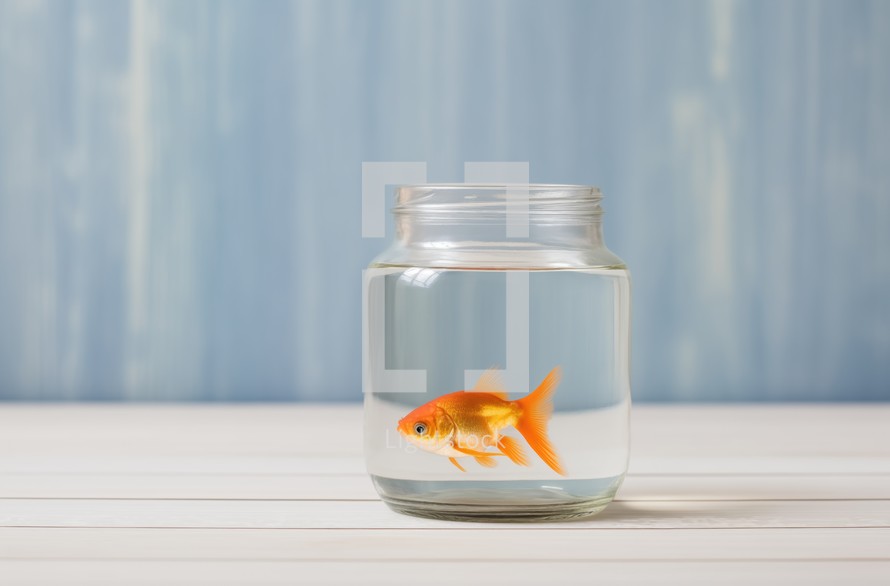 Close up of a lone goldfish in a clear water-filled jar on a light background