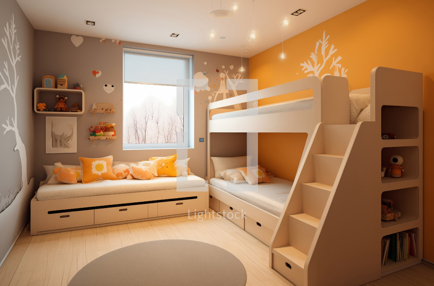 Modern children's room with a bunk bed, warm colors, and creative decorations