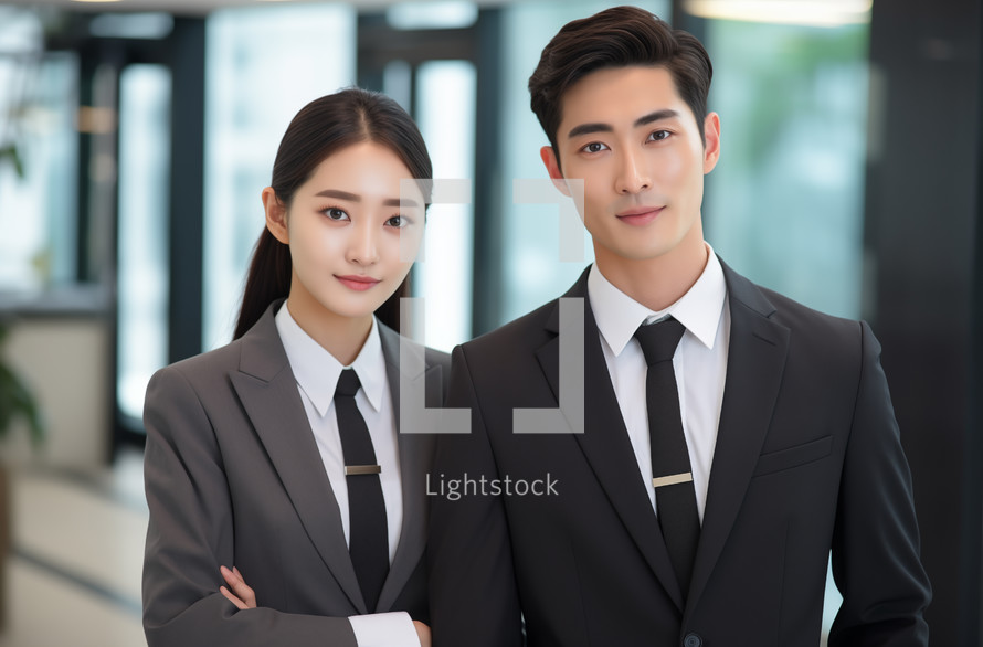 Man and woman in professional attire posing with neutral expressions