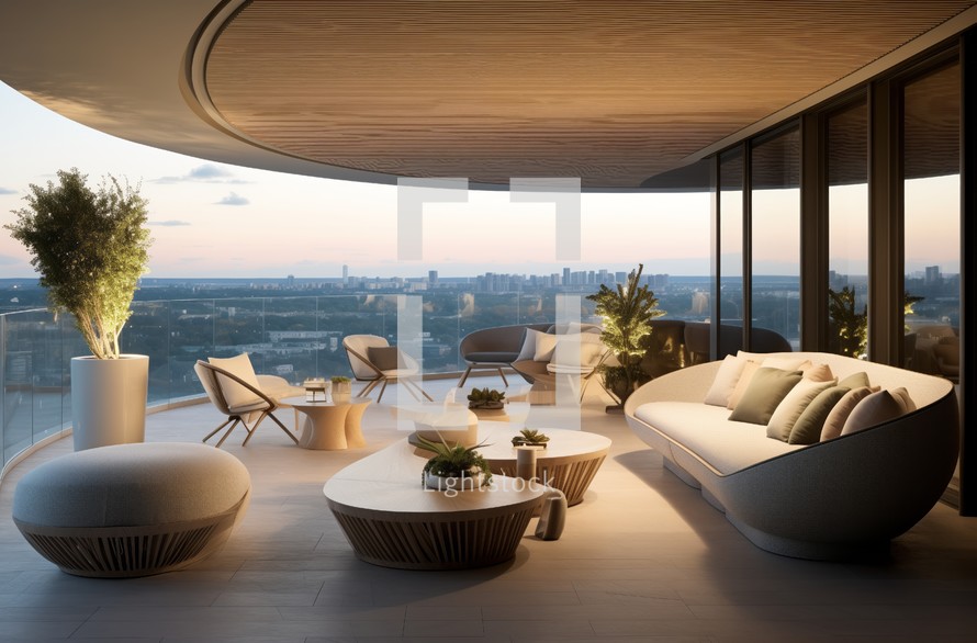 Luxurious loggia with plush seating and a sunset city skyline view