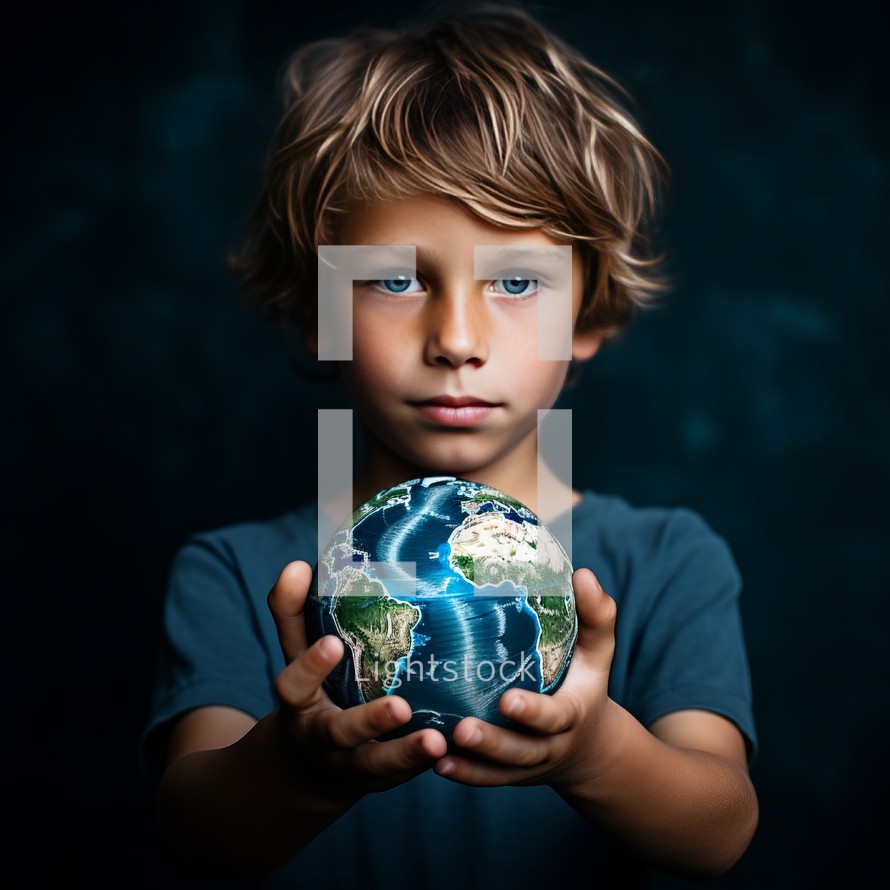 Blue-eyed boy, 7, holds Earth in hands Shot with 9mm lens