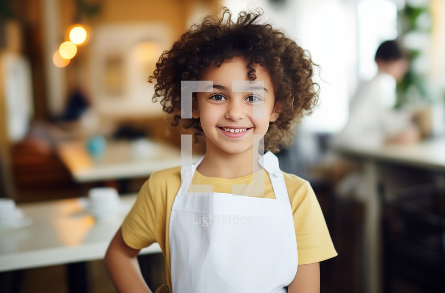 child with apron in restaurant