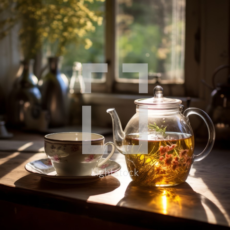 Fresh herbal tea in warm country house light