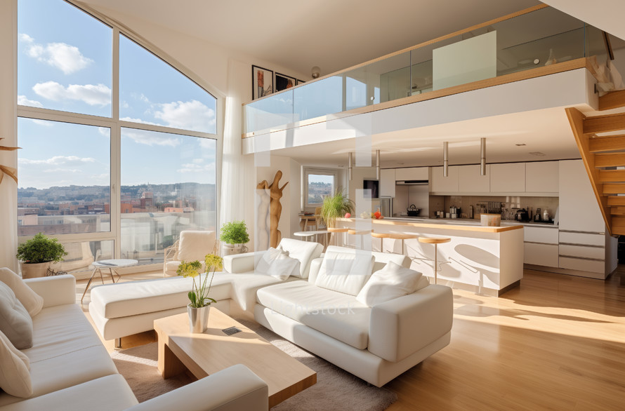 Bright penthouse interior with city view