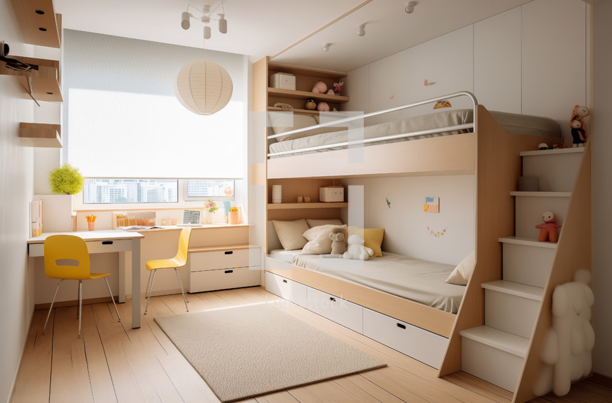 Stylish children's room with bunk bed, study area, and ample sunlight
