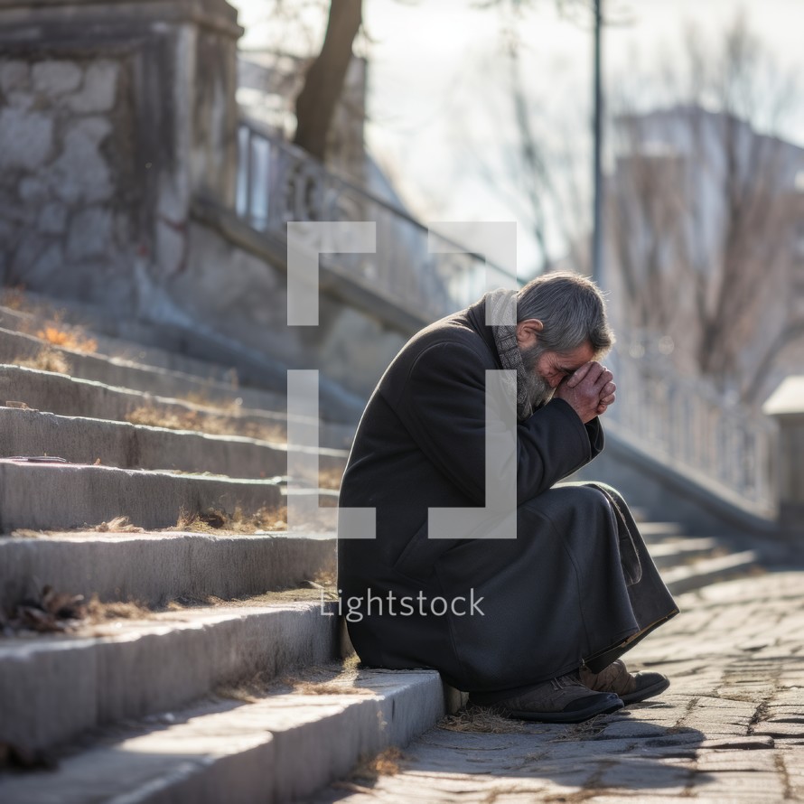 Homeless man sitting on the steps in the city. Depression and loneliness concept.
