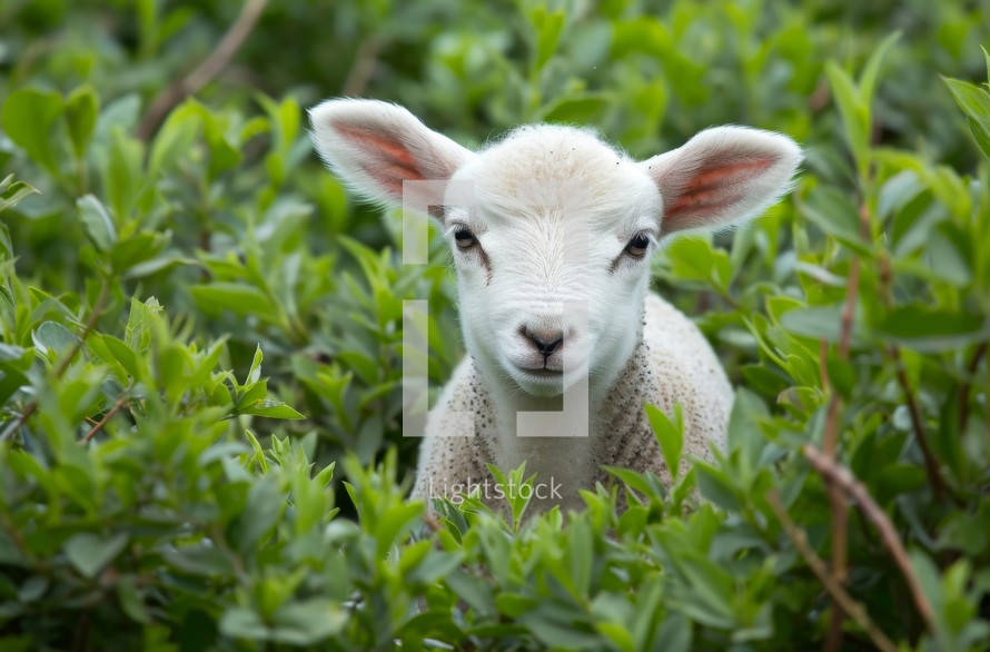 A small white sheep stands gracefully in the middle of a vibrant, verdant green field