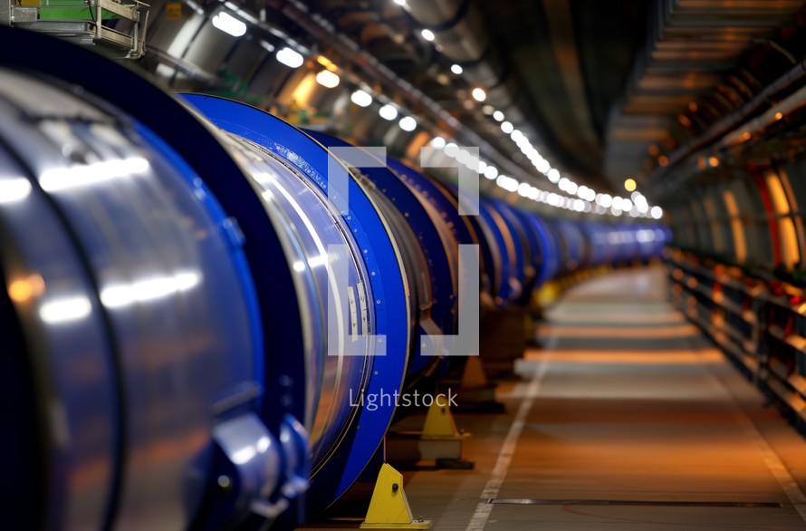A perspective view inside the Hadron Collider tunnel showcasing the sequential arrangement, of superconducting magnets and the intricate engineering required to collide particles at near light speeds