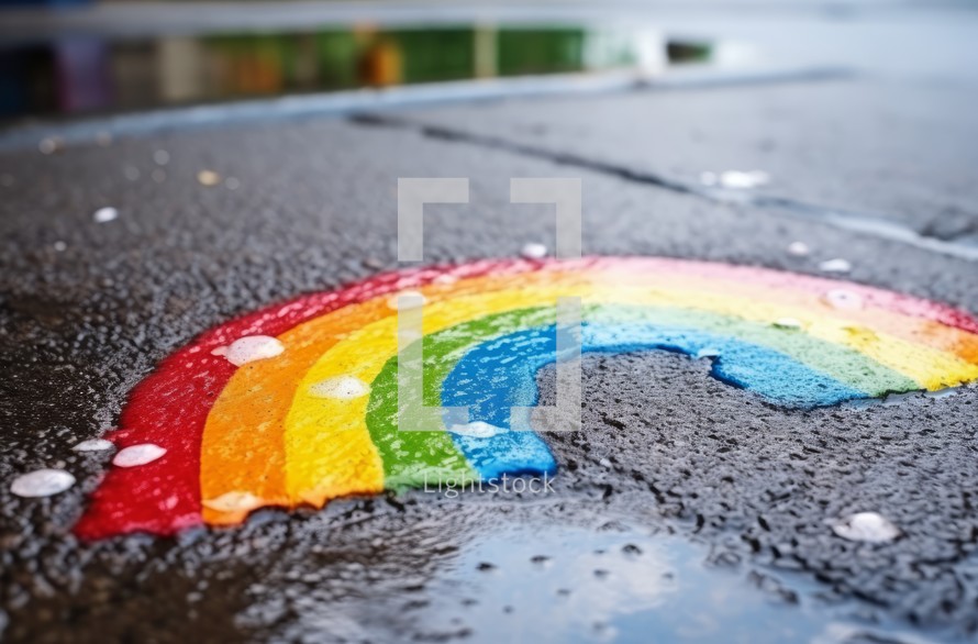 Rainbow sketched on wet city asphalt after rainfall, close-up view of the rainbow