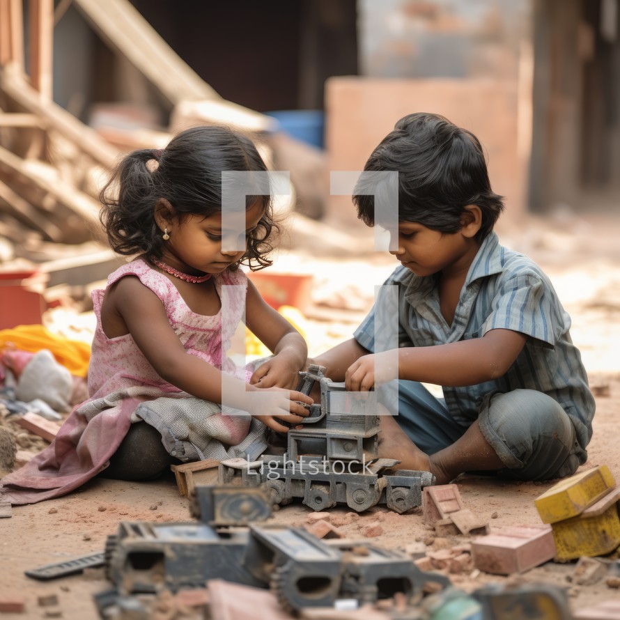 Hindu siblings bonding over playtime with a construction set