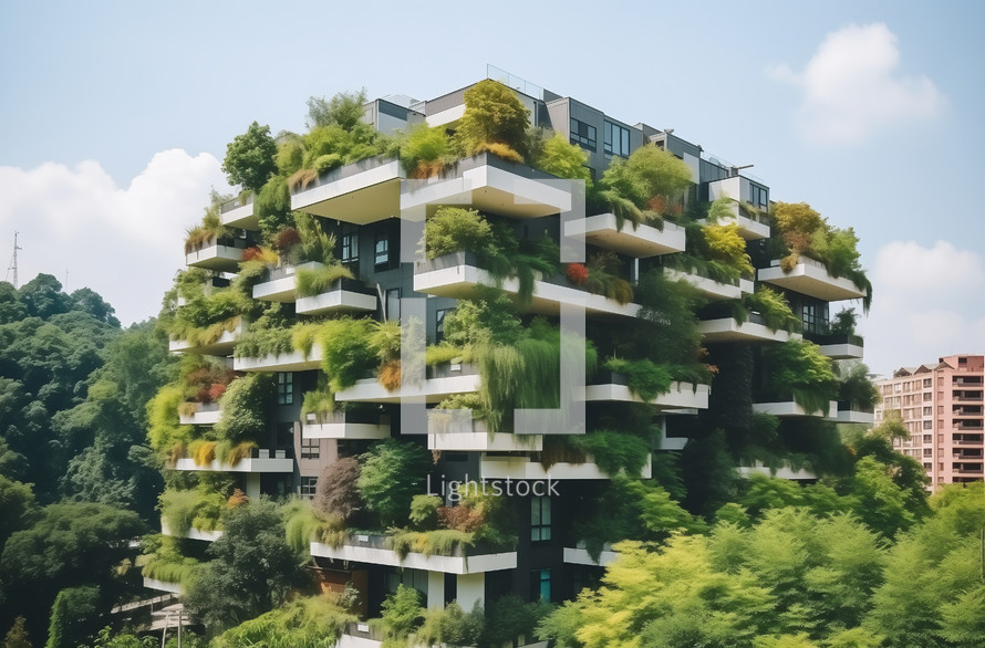 High-rise building with balconies lush with diverse plants and trees against a city backdrop