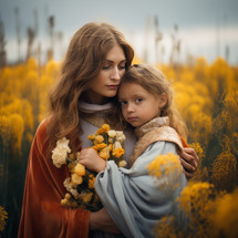 Mother and daughter in a field of yellow flowers. The concept of family and childhood.