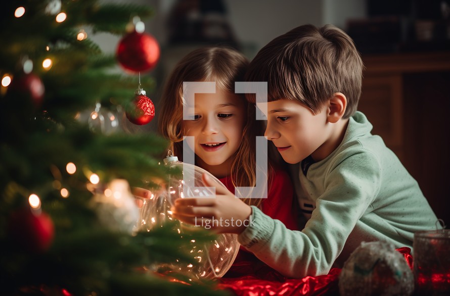 Two kids, a brother and sister, engaging in the joy of decorating a Christmas tree