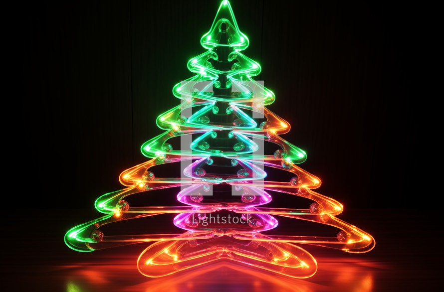 Close up of a vibrant neon Christmas tree with a reflective surface, creating a symmetrical light pattern