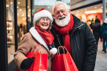 Caucasian elderly couple laughing with Christmas shopping bags