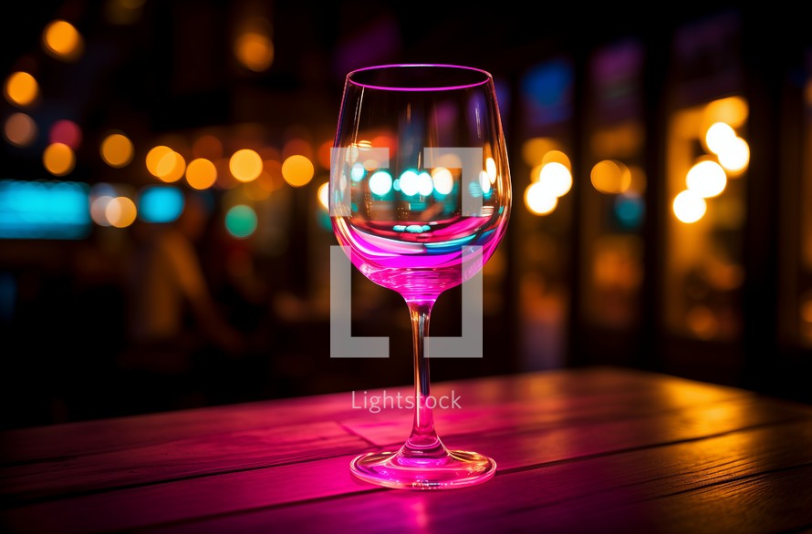 Close up of an empty wine glass with neon lighting
