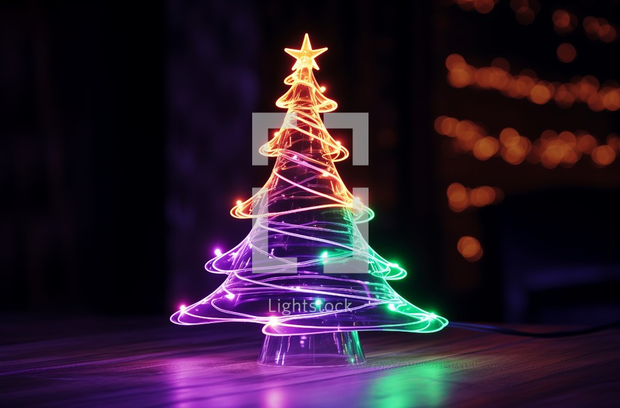 Close up of a futuristic neon Christmas tree with glowing lights and bokeh effect in the background