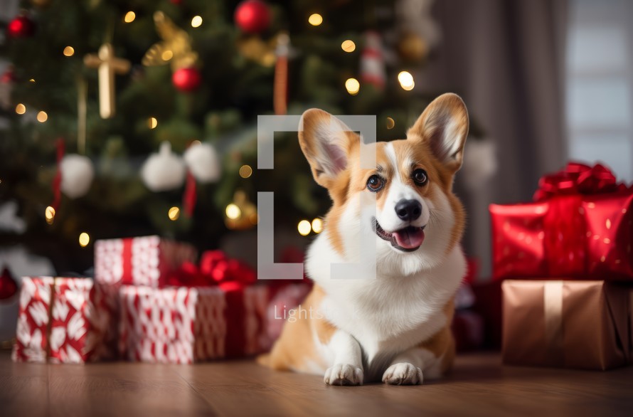Smiling corgi dog sitting by a decorated Christmas tree with presents