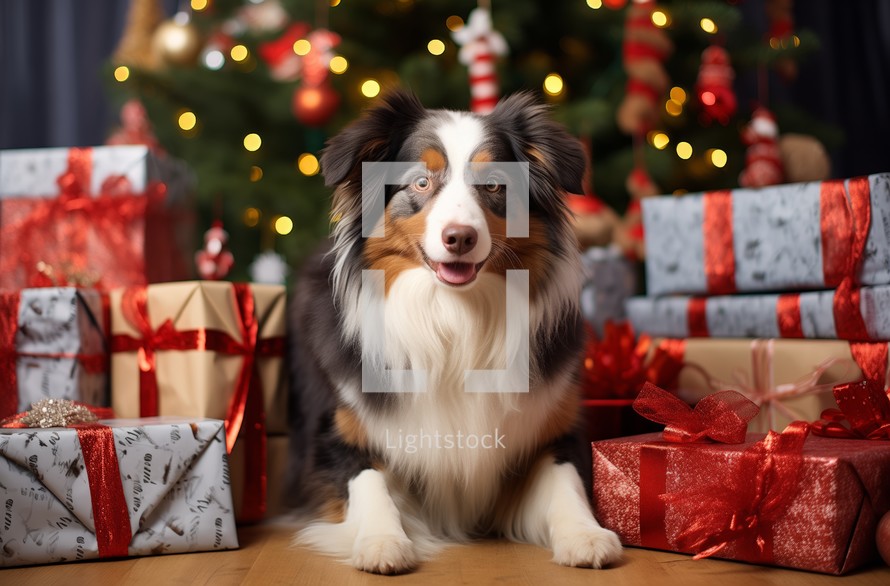Australian Shepherd with a backdrop of Christmas gifts and sparkling lights