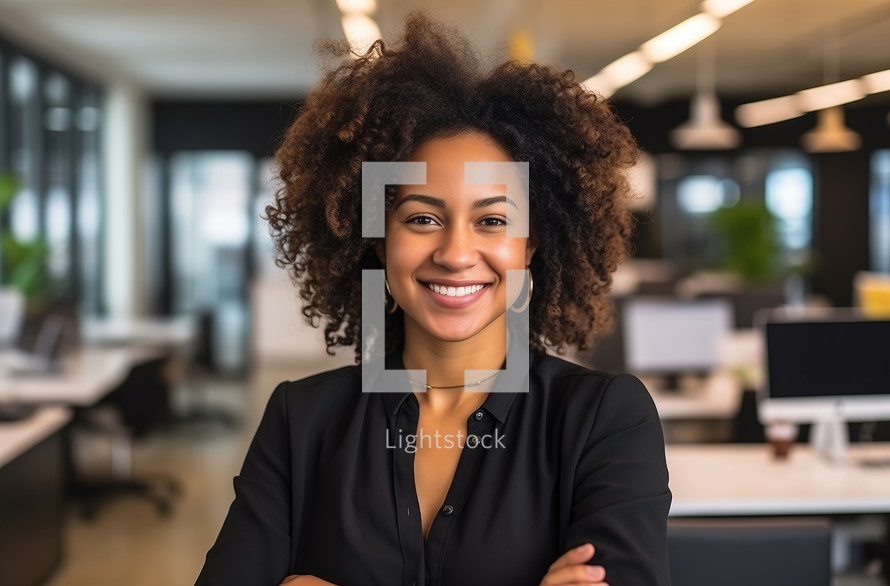 A Black woman with curly hair smiling confidently in an office
