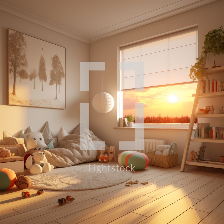 Realistic photo capturing the warm glow of sunset light streaming into a children's room, creating a cozy and magical atmosphere