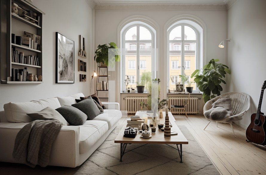 European apartment with a Scandinavian interior design and large windows
