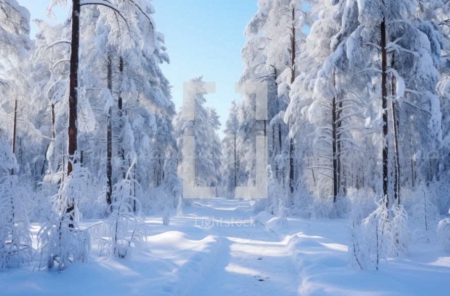 Snow-laden trees in a tranquil forest scene