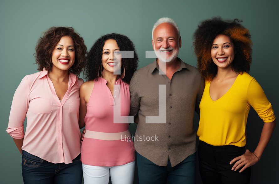 Smiling multi-racial group standing together in casual clothes