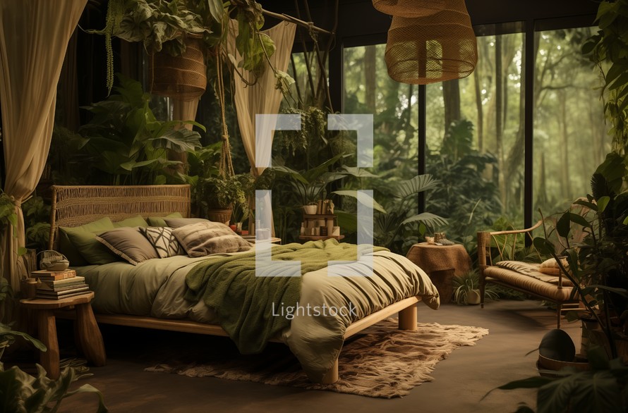 Serene bedroom oasis boasting a jungle decor with abundant plants and natural light