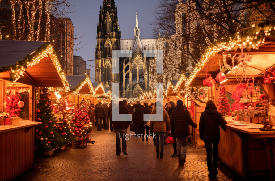 Crowded Christmas market in Cologne with festive lights and decorations near a cathedral