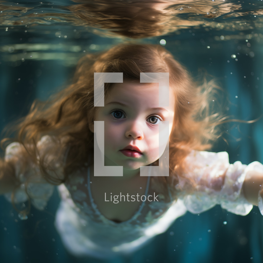 Close up of a young girl underwater, imagined as a mermaid, with flowing hair