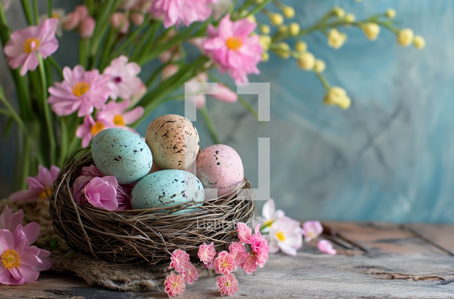 Speckled Easter eggs in a nest among vibrant pink spring flowers on a rustic wooden surface, embodying the spirit of seasonal renewal