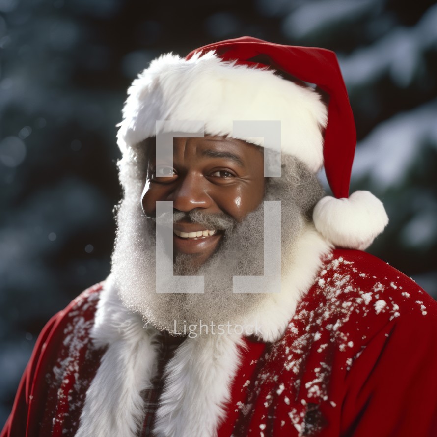 African American Santa Claus with a big smile and a sack of gifts, ready to spread holiday cheer