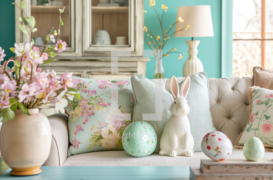 Cozy living room decorated for Easter with floral cushions, a ceramic bunny, and patterned eggs against a backdrop of pastel colors and a spring flower arrangement