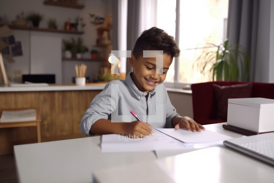 African-american boy doing homework at table in living room at home