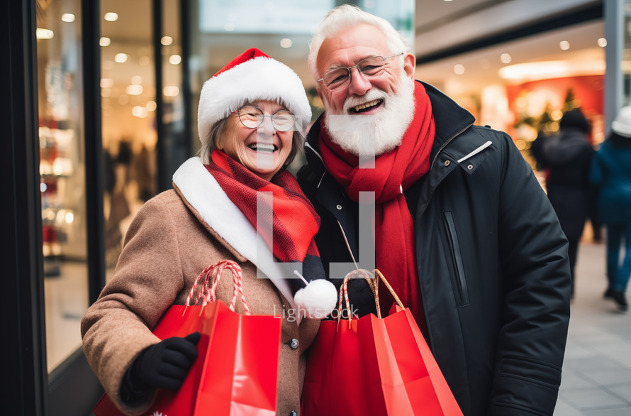 Caucasian elderly couple laughing with Christmas shopping bags