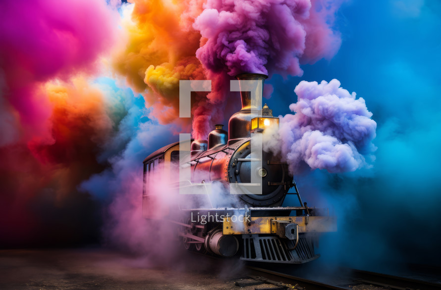 Old-fashioned train emitting vibrant colorful steam