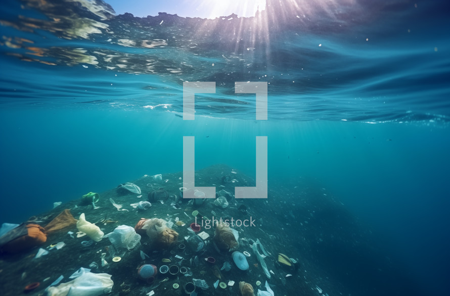 Underwater view of pollution with plastic debris floating