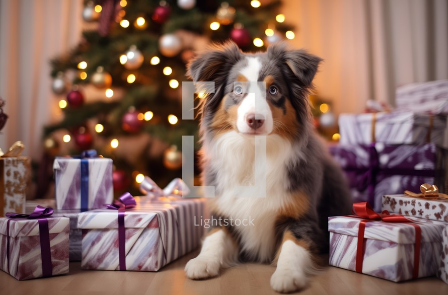 Australian Shepherd dog sniffing at New Year's gifts by the Christmas tree