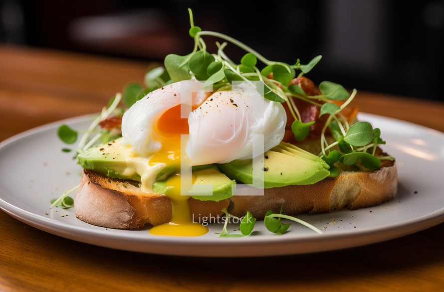 Close up of egg benedict on toast with avocado
