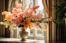 Vibrant bouquet of flowers placed on a marble table in a room with natural light