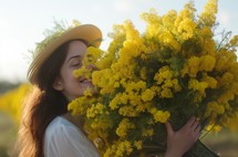 22 year old female smiling, holding a large, vibrant mimosa bouquet, dressed in a casual outfit with a nature backdrop.