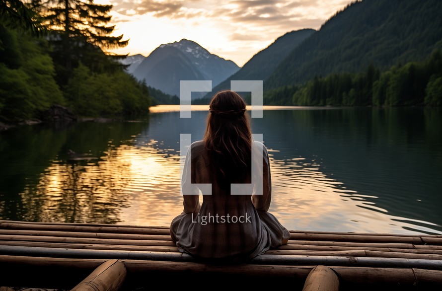 Close up of a caucasian woman in thoughtful repose by a mountain lake at sunset