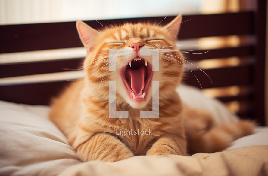 Photo of a cat yawns in natural setting - close up