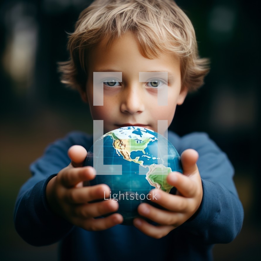 Blue-eyed boy, 7, holds Earth in hands Shot with 9mm lens