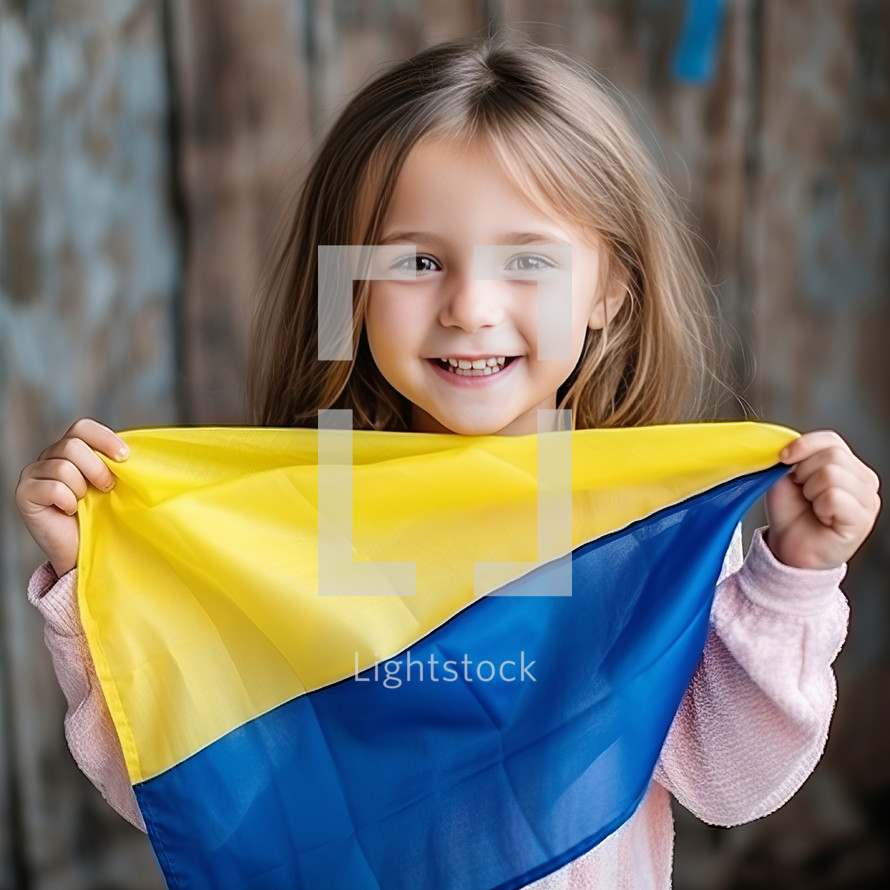 A young Ukrainian girl proudly holds her country's flag