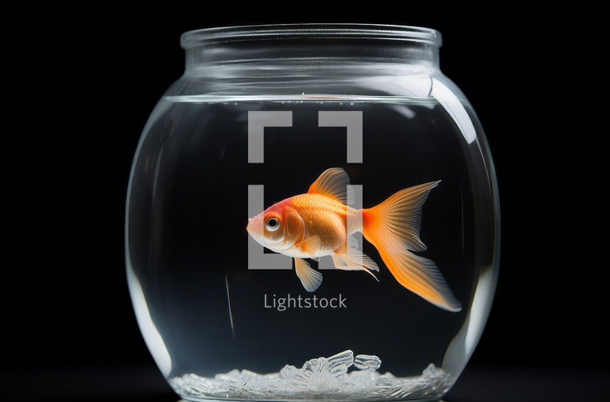 A vibrant goldfish swimming in a simple glass bowl against a dark background