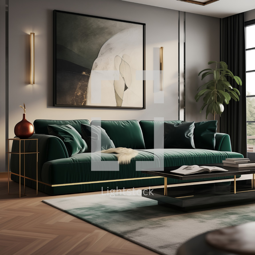 Chic interior with green velvet sofa set and abstract wall art