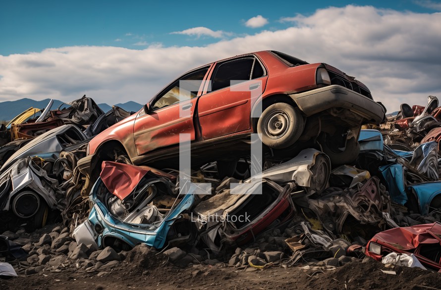 Old destroyed cars amassed at a scrapyard