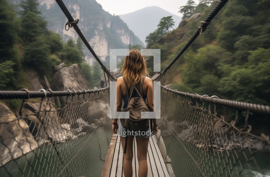 traveler walking on a suspension bridge in a mountain forest, view from behind